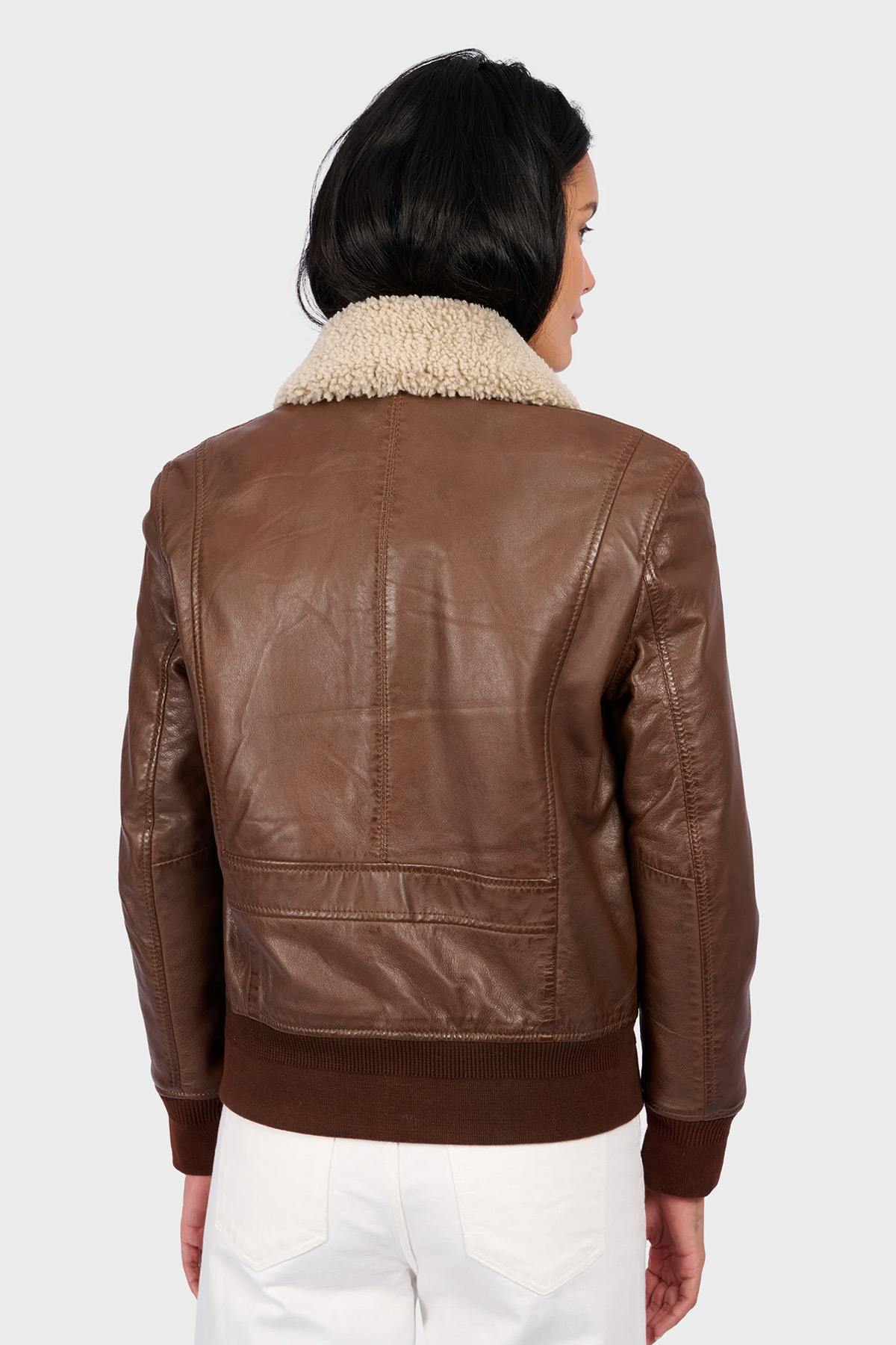 Women's Cocoa Brown Leather Bomber Jacket - Image n°5