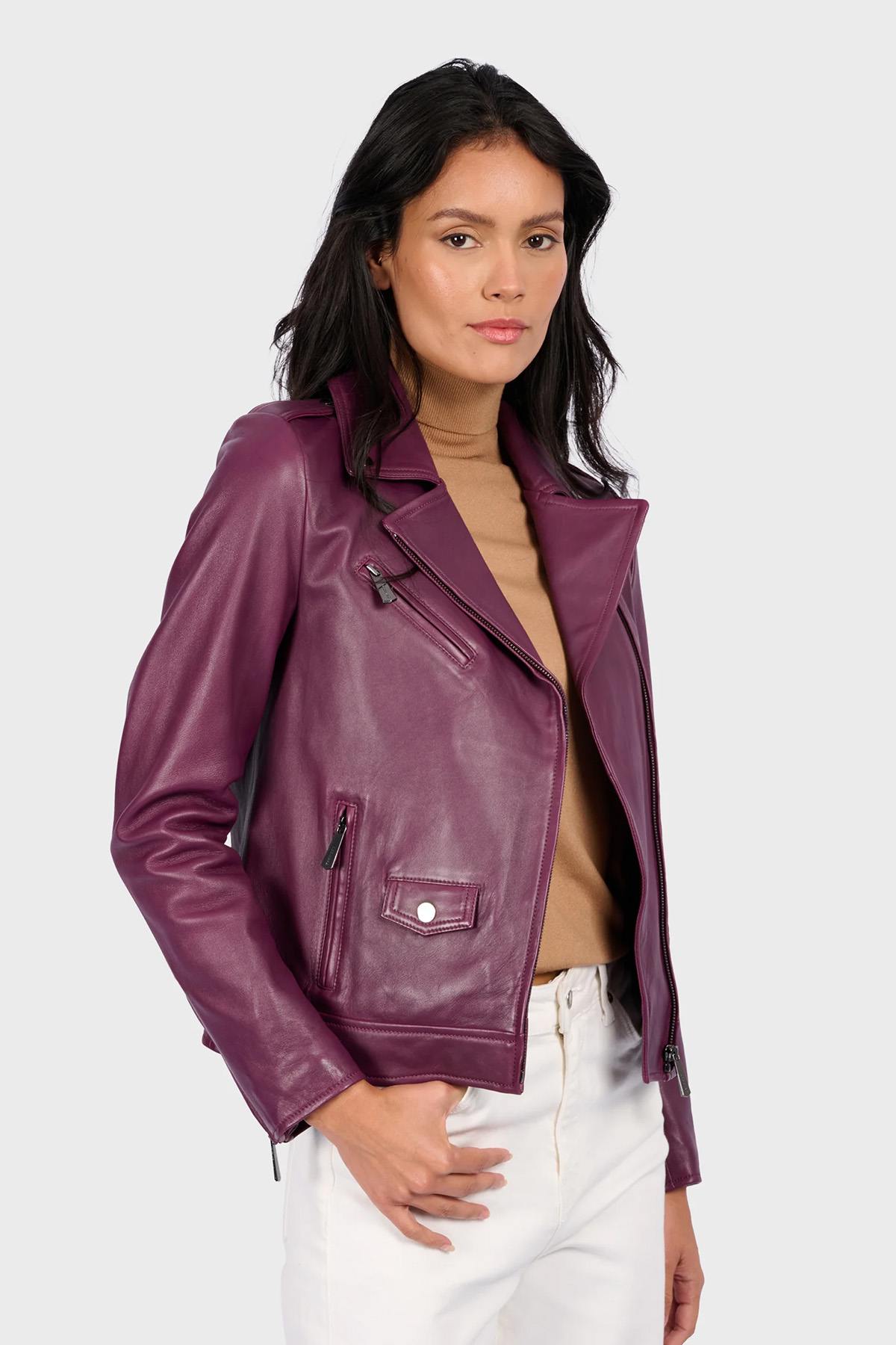 Sleek plum-colored leather biker jacket - Image n°1