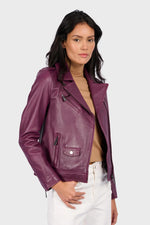 Sleek plum-colored leather biker jacket - Image n°1
