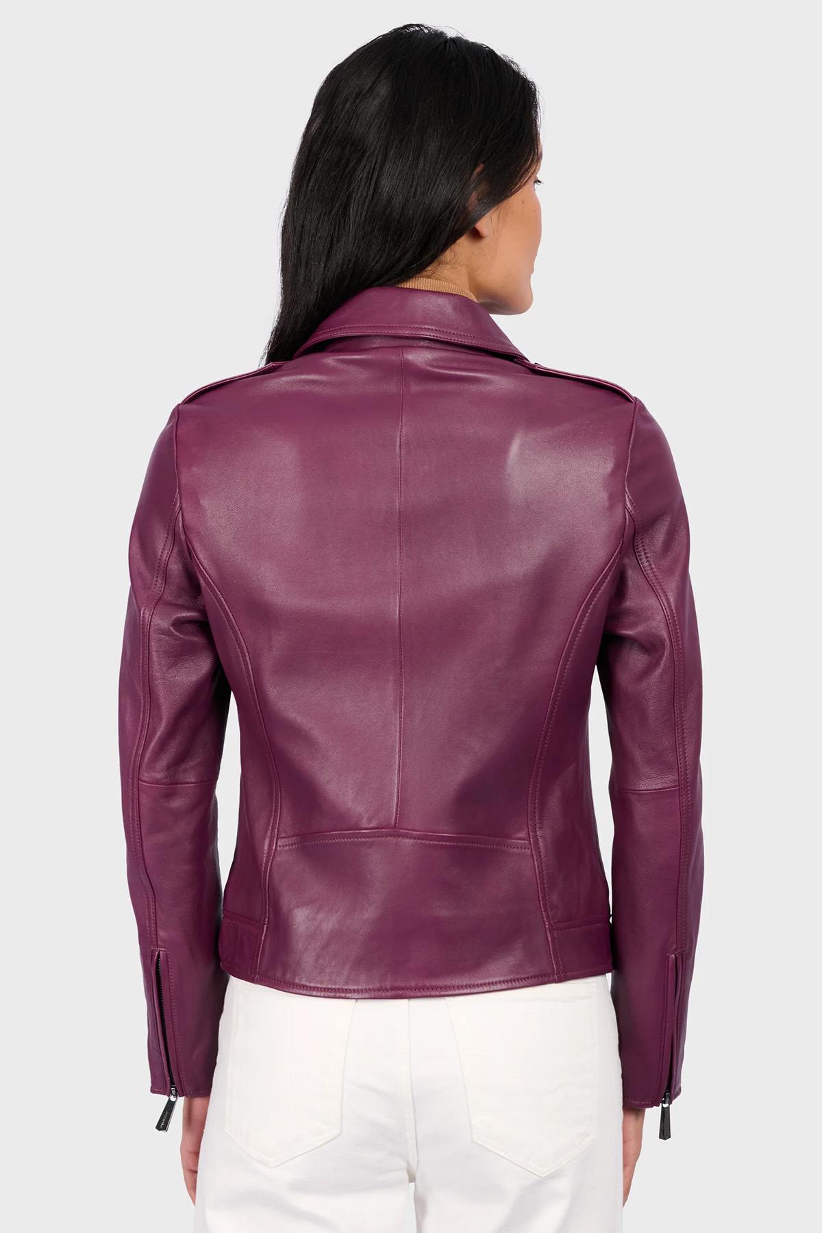 Sleek plum-colored leather biker jacket - Image n°5