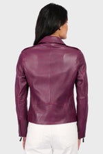 Sleek plum-colored leather biker jacket - Image n°5