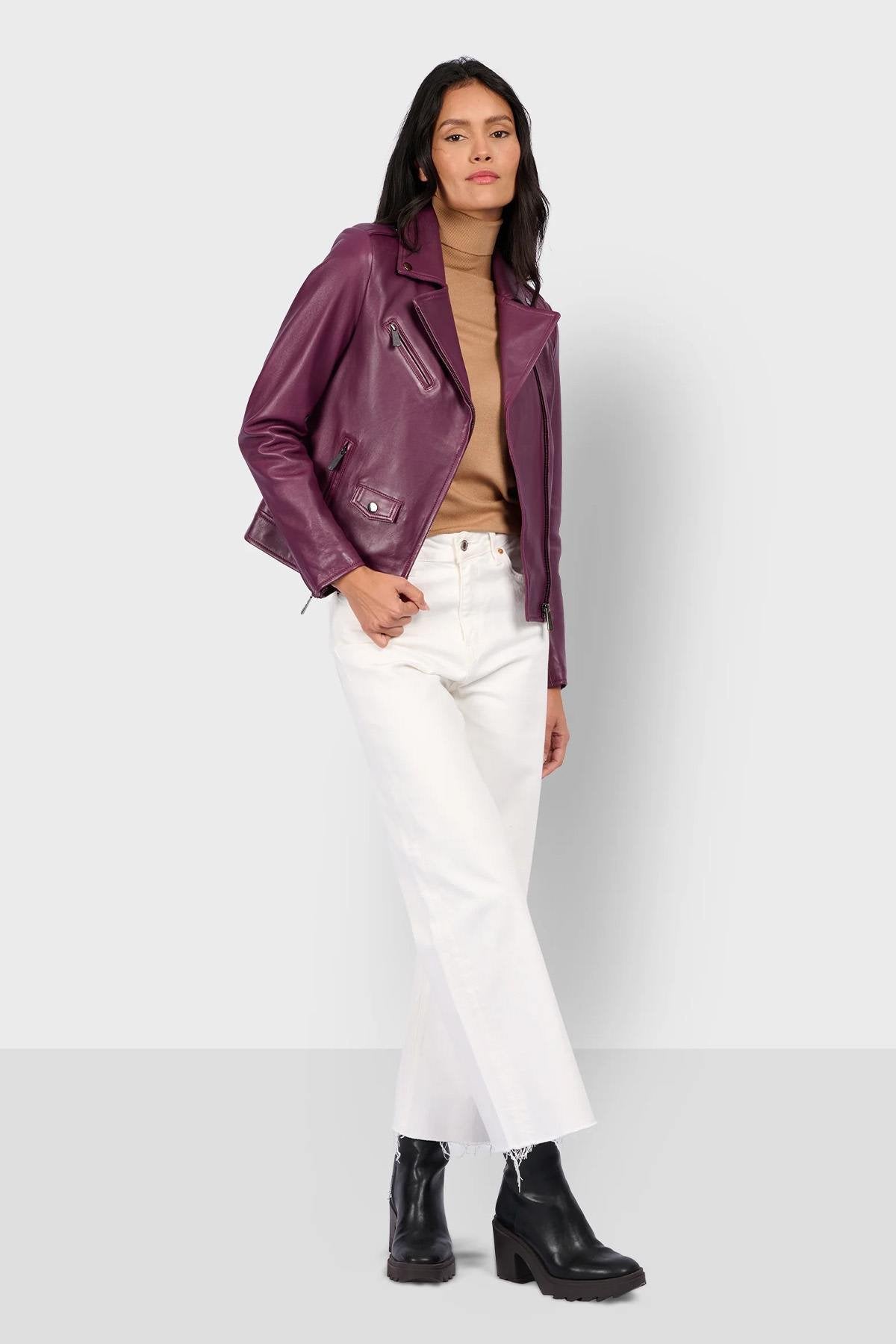 Sleek plum-colored leather biker jacket - Image n°6