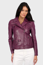 Sleek plum-colored leather biker jacket - Image n°7