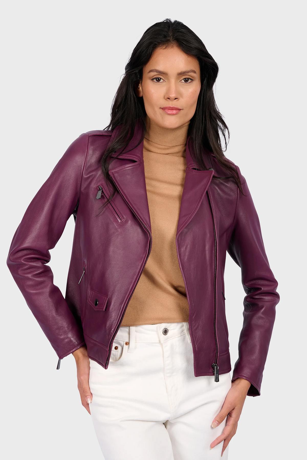 Sleek plum-colored leather biker jacket - Image n°4