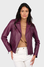 Sleek plum-colored leather biker jacket - Image n°4