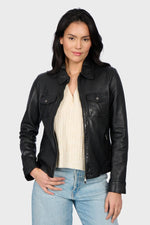Black leather jacket with shirt collar and chest pockets - Image n°1
