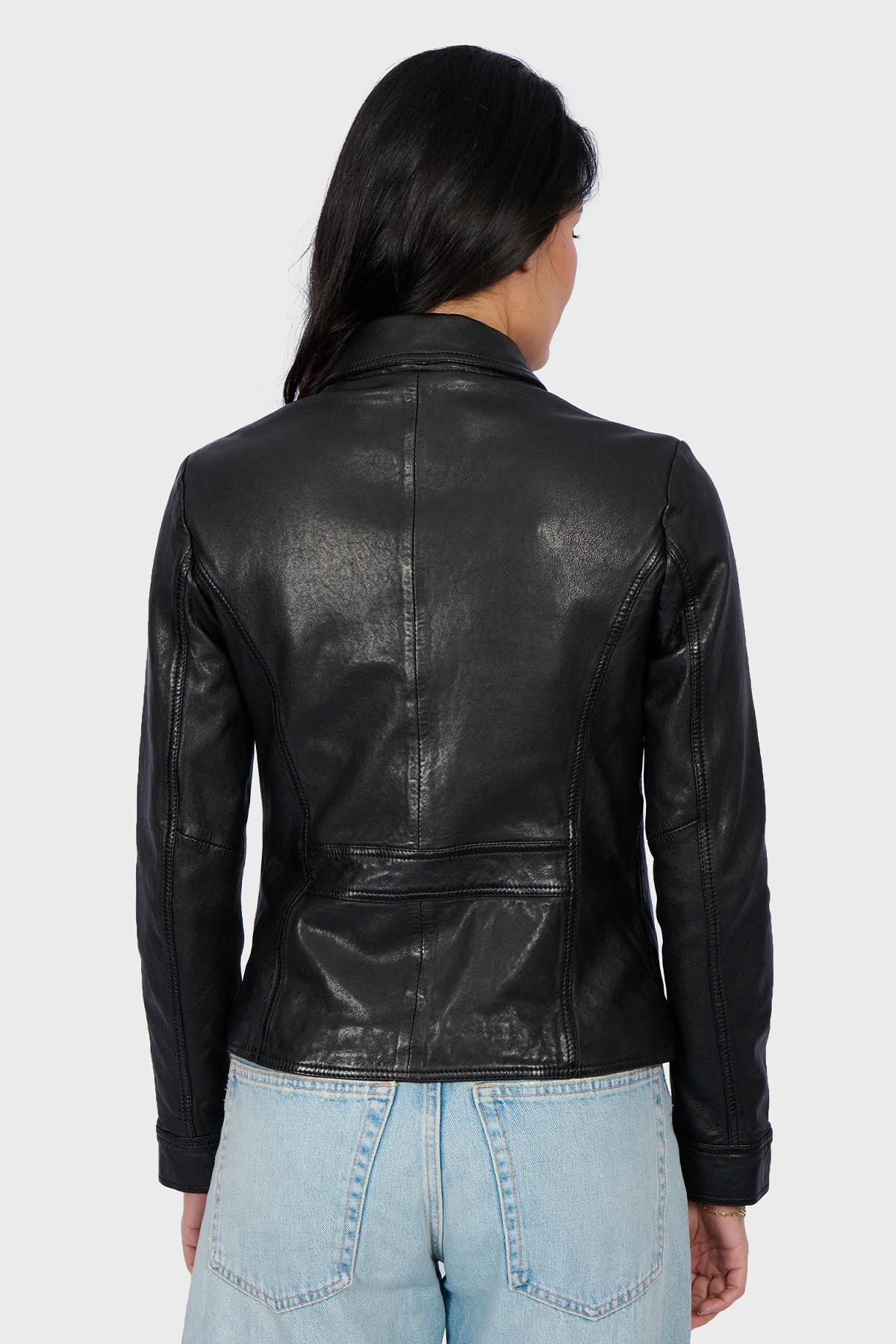 Black leather jacket with shirt collar and chest pockets - Image n°3