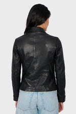 Black leather jacket with shirt collar and chest pockets - Image n°3