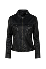 Black leather jacket with shirt collar and chest pockets - Image n°7