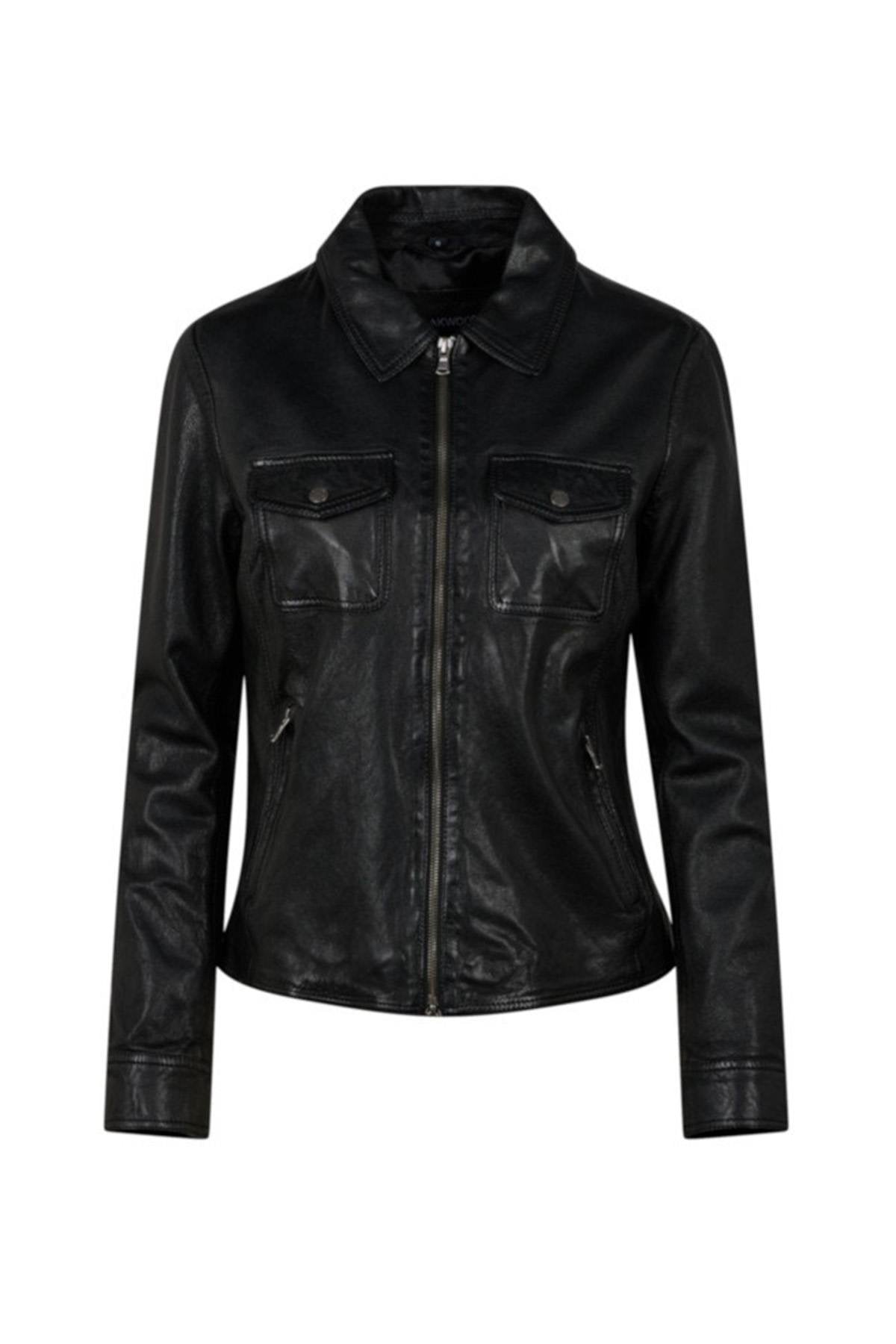 Black leather jacket with shirt collar and chest pockets - Image n°7
