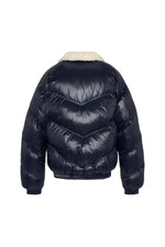 Oversized shiny textile down jacket with faux fur collar - Image n°1