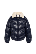 Oversized shiny textile down jacket with faux fur collar - Image n°2