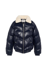 Oversized shiny textile down jacket with faux fur collar - Image n°2