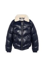 Oversized shiny textile down jacket with faux fur collar - Image n°2