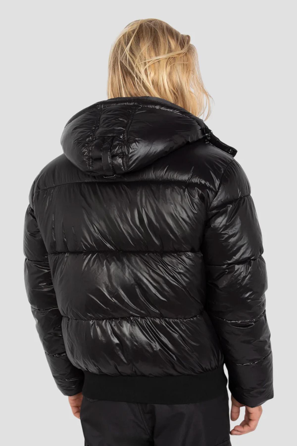 Black nylon down jacket with removable hood - Image n°3