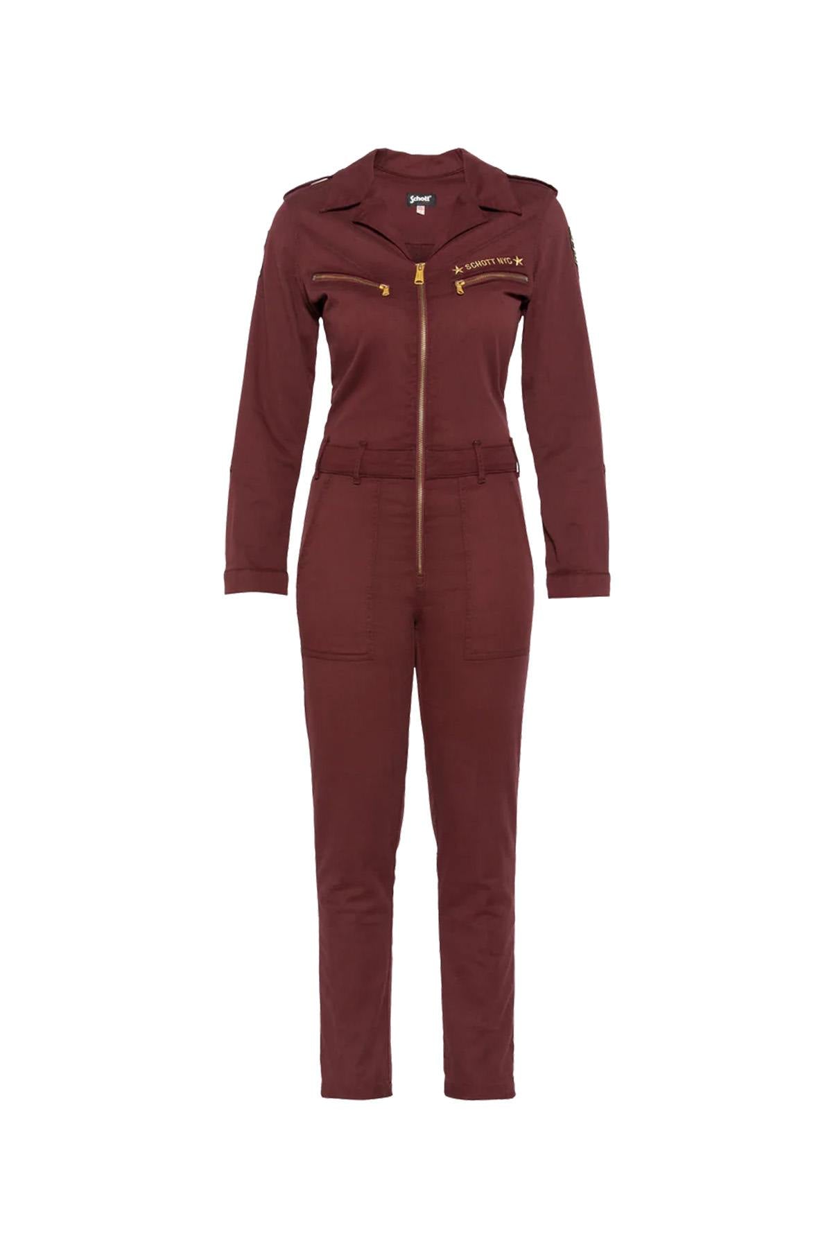 Lightweight, badged women's jumpsuit in cordovan color - Image n°1