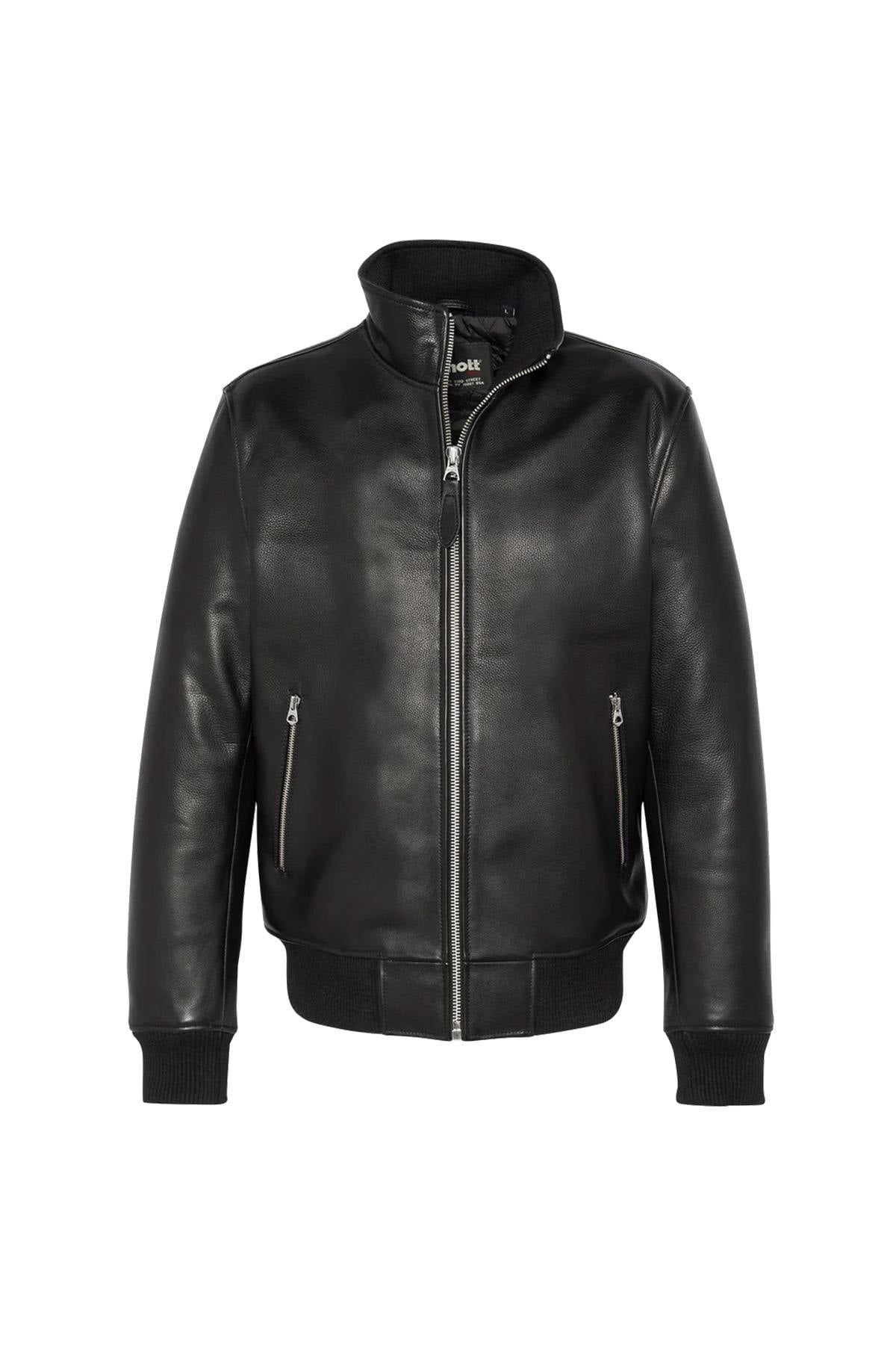 Black jacket with stand-up collar in grained cowhide leather - Image n°6