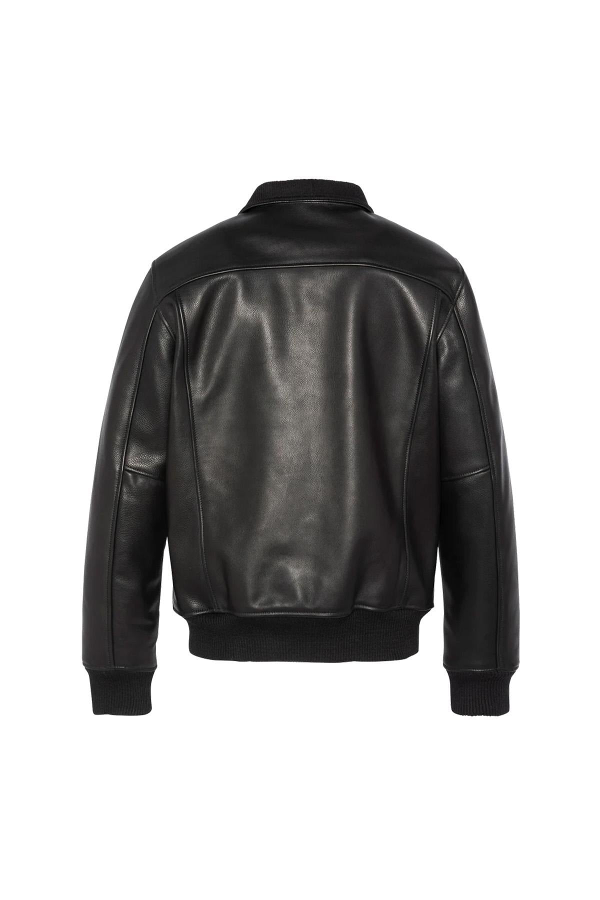 Black jacket with stand-up collar in grained cowhide leather - Image n°7