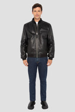 Casual black cowhide leather bomber jacket - Image n°7