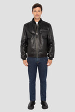 Casual black cowhide leather bomber jacket - Image n°7