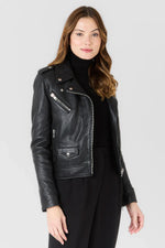 Women's black biker jacket in soft leather - Image n°1