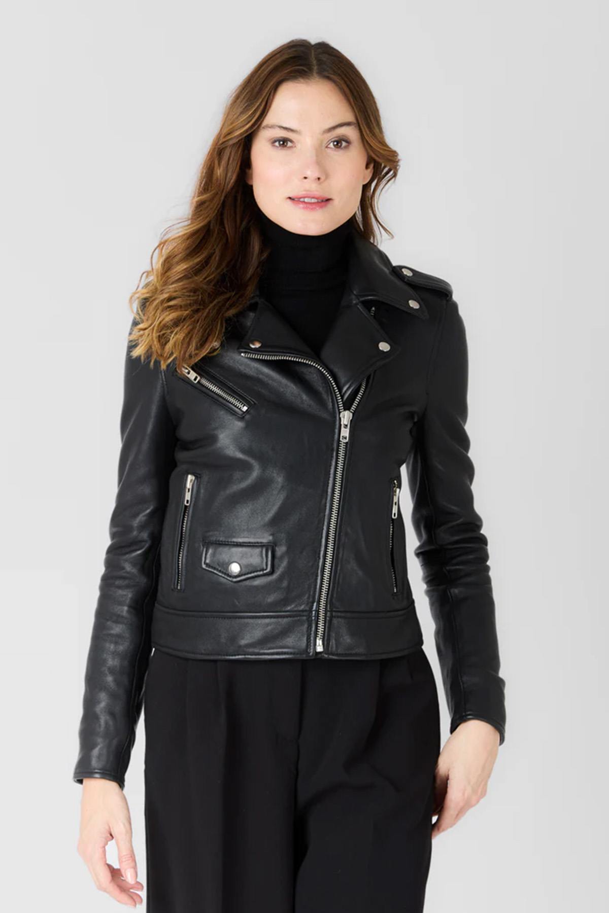Women's black biker jacket in soft leather - Image n°2