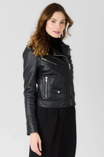 Women's black biker jacket in soft leather - Image n°5