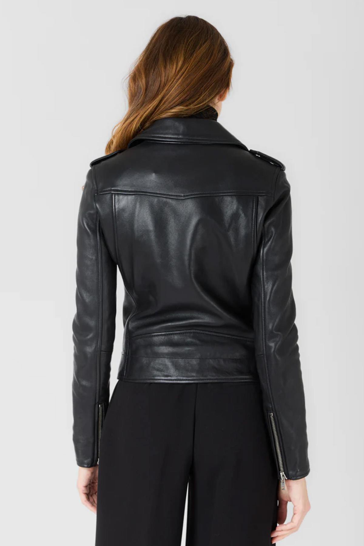 Women's black biker jacket in soft leather - Image n°3