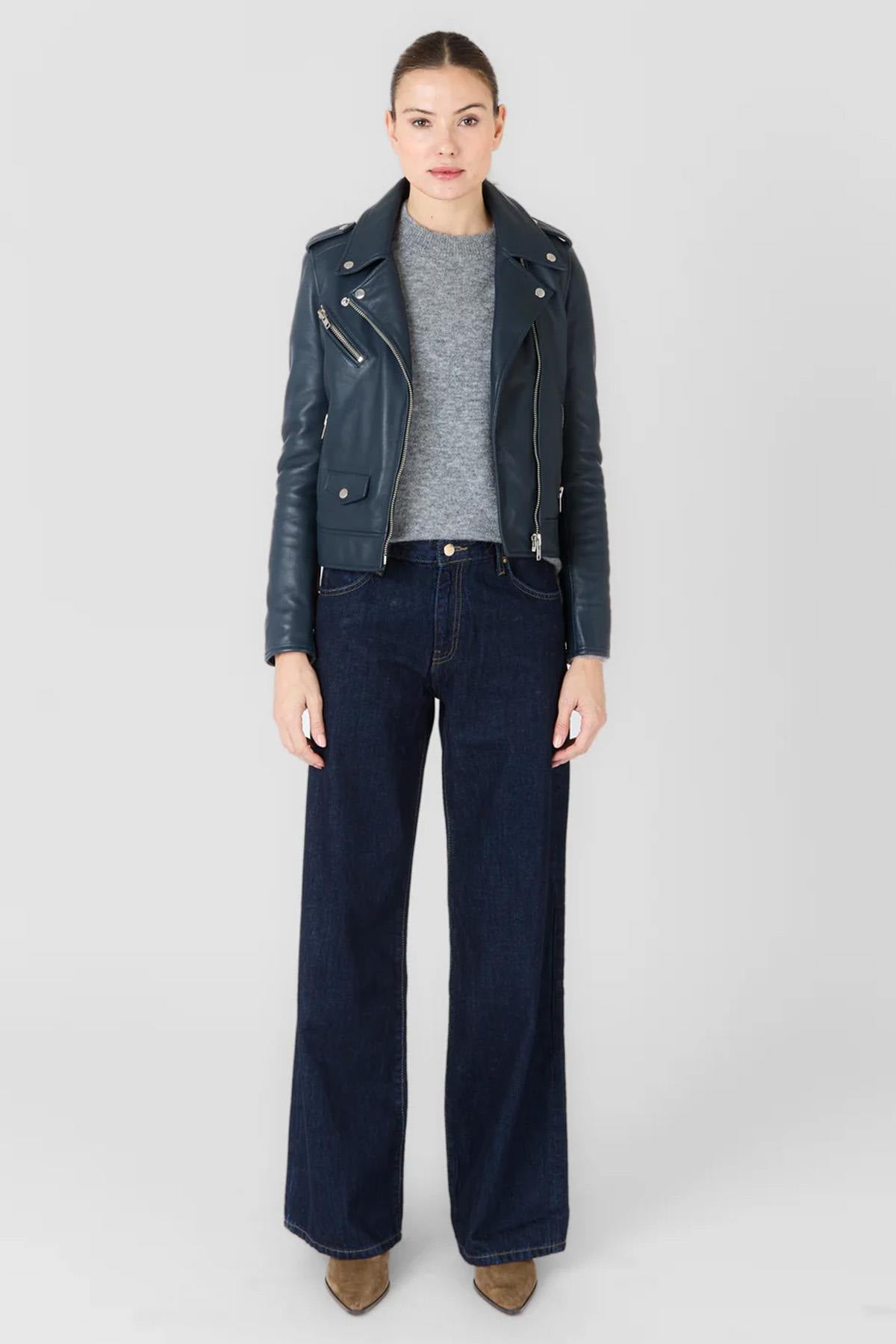 Women's dark blue biker jacket in soft leather - Image n°4