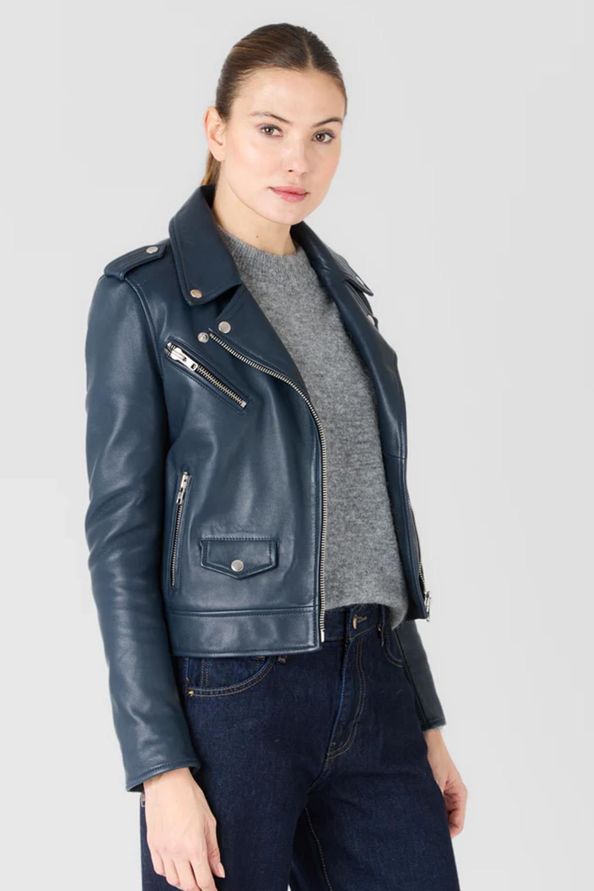 Dark blue lambskin jacket, slim-fit with sleek metallic finishes. - Image n°1