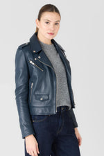 Dark blue lambskin jacket, slim-fit with sleek metallic finishes. - Image n°1