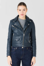 Women's dark blue biker jacket in soft leather - Image n°2