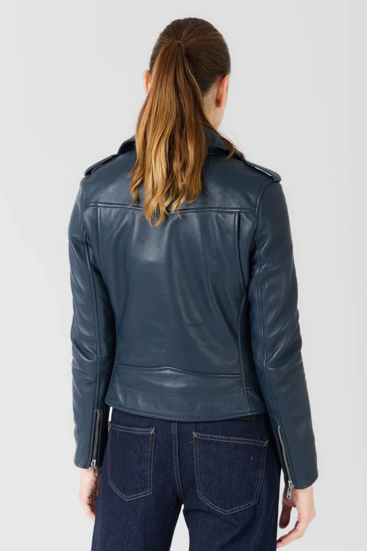 Women's dark blue biker jacket in soft leather - Image n°3