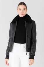 Black leather aviator jacket with shearling collar - Image n°3