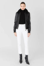 Black leather aviator jacket with shearling collar - Image n°5