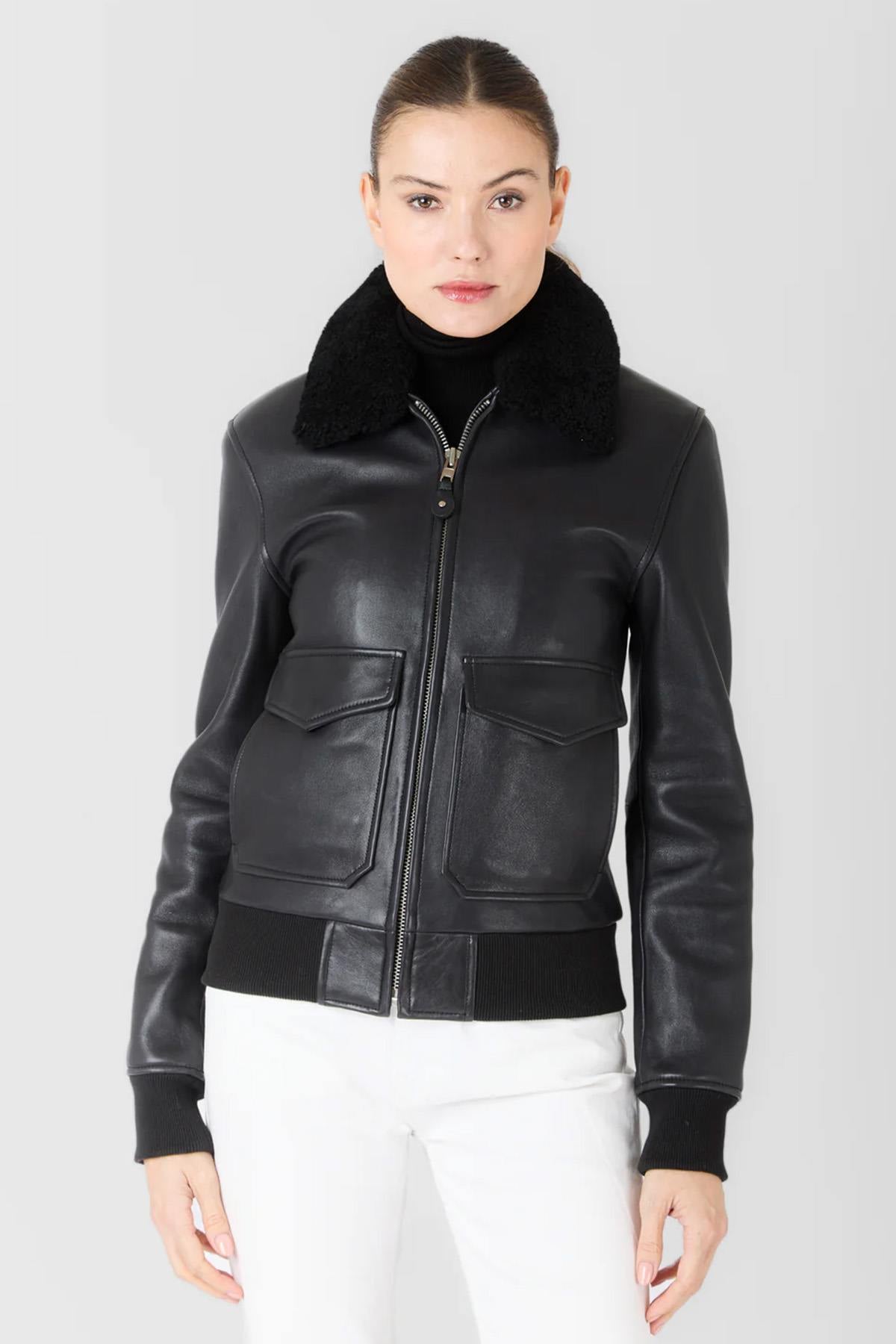 Black leather aviator jacket with shearling collar - Image n°2