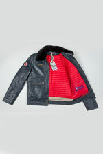 Navy blue leather bomber jacket with Royal Air Force patches - Image n°7