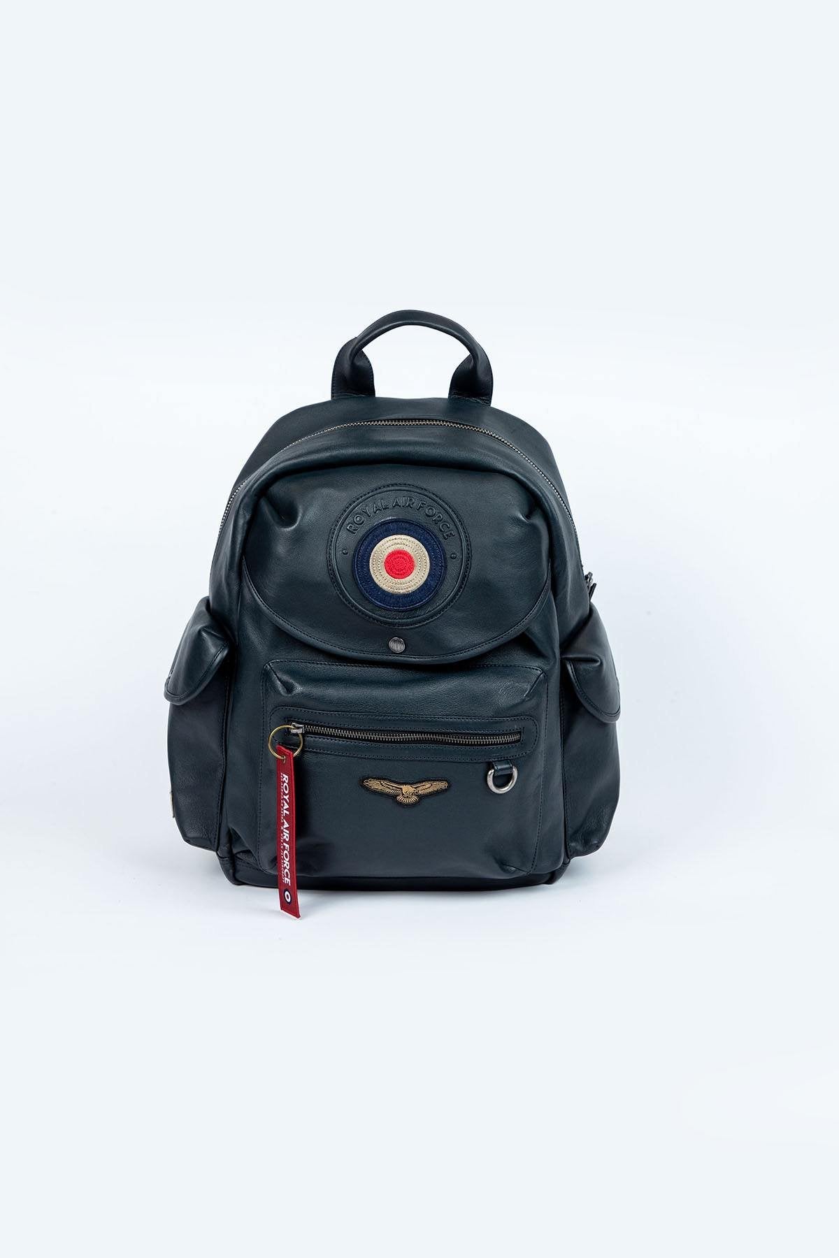 Navy blue leather aviation theme backpack - Image n°1