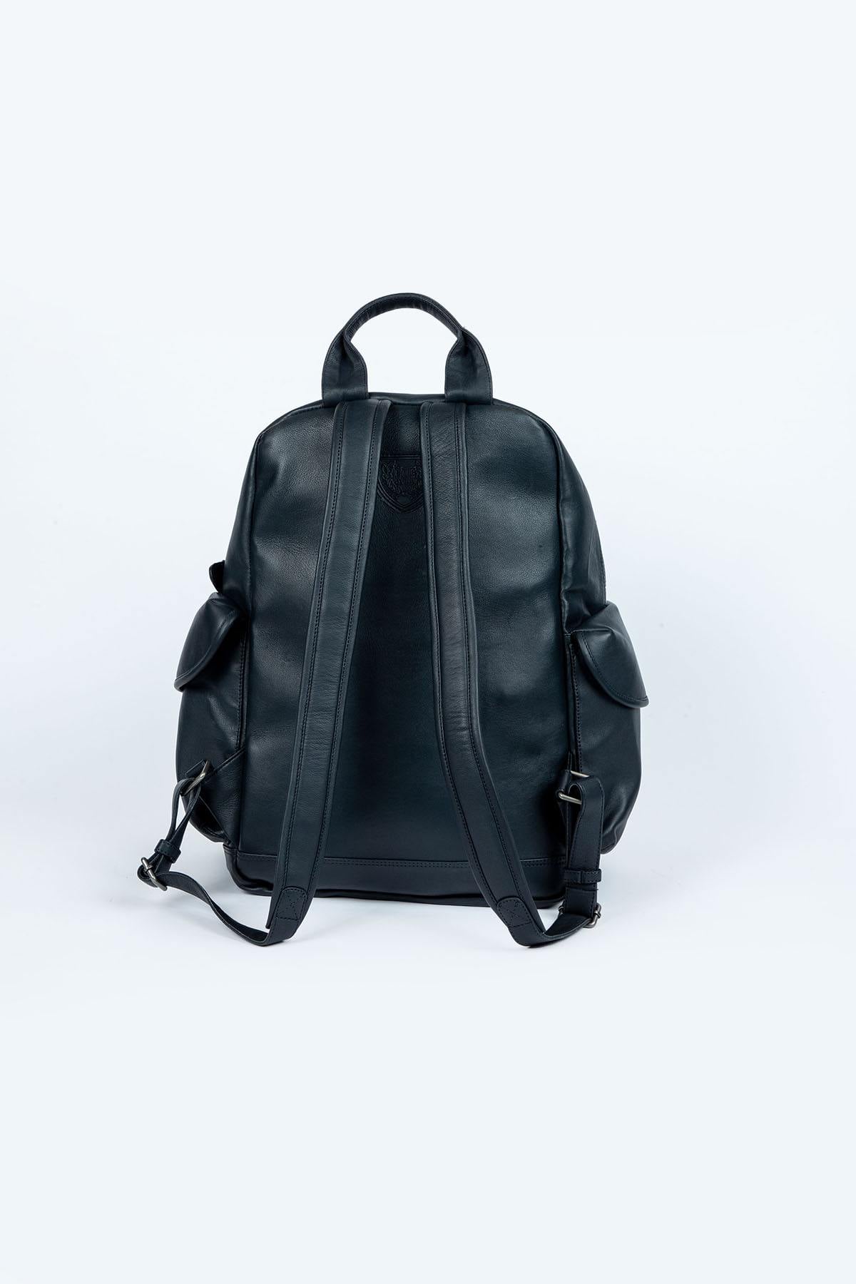 Navy blue leather aviation theme backpack - Image n°2