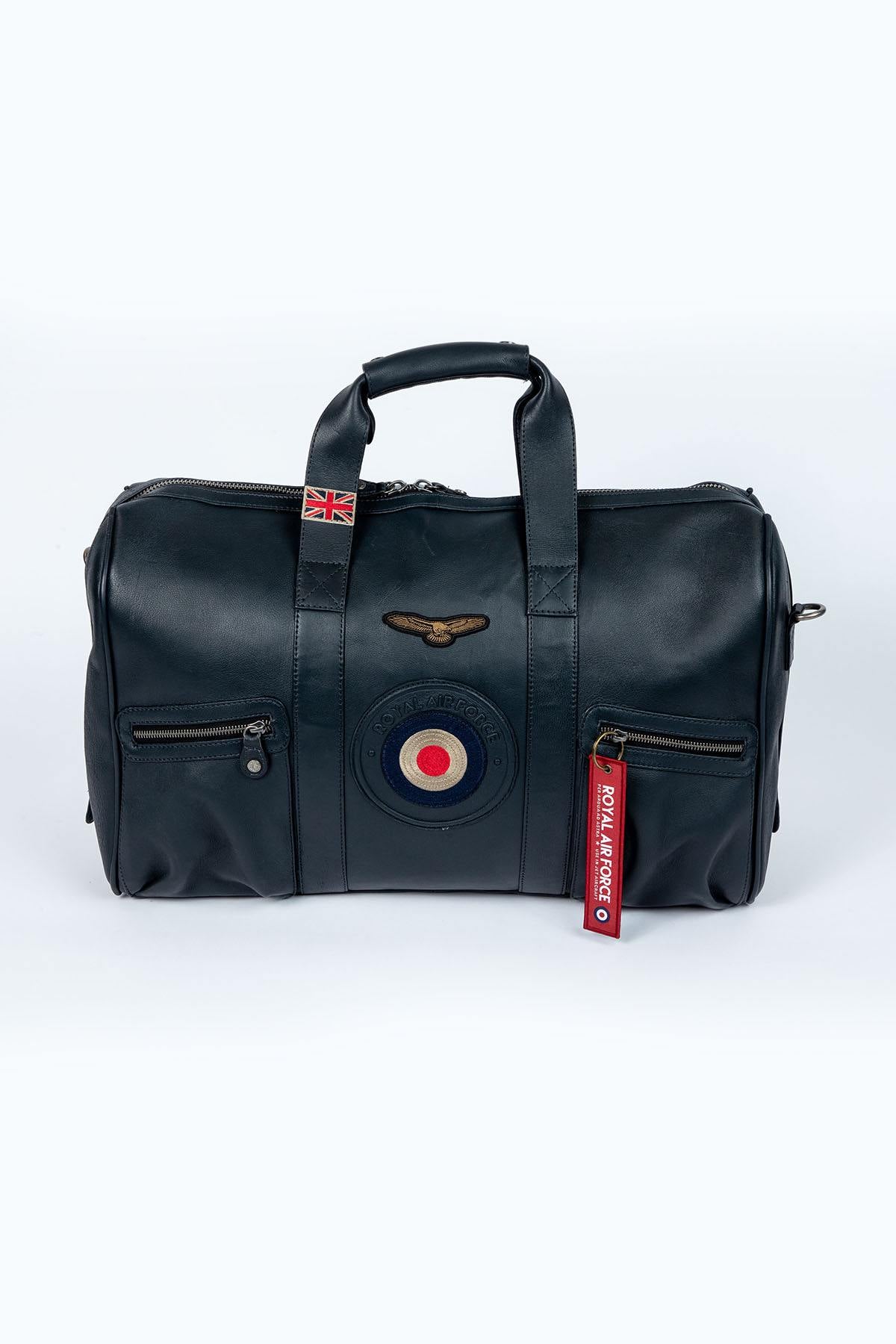 Navy blue leather travel bag with aviation theme - Image n°1