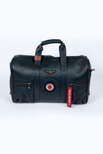 Navy blue leather travel bag with aviation theme - Image n°1