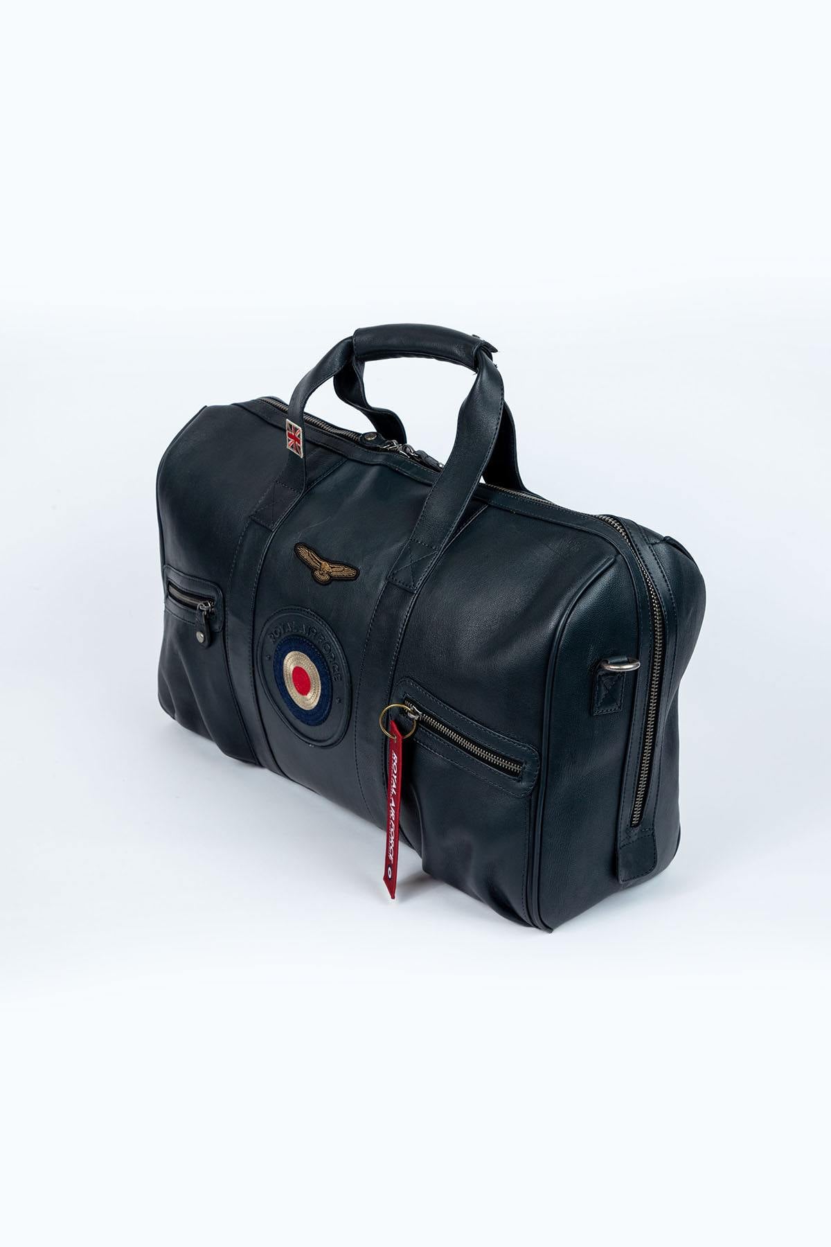 Navy blue leather travel bag with aviation theme - Image n°3