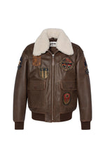 Brown leather bomber jacket with vintage badges - Image n°7