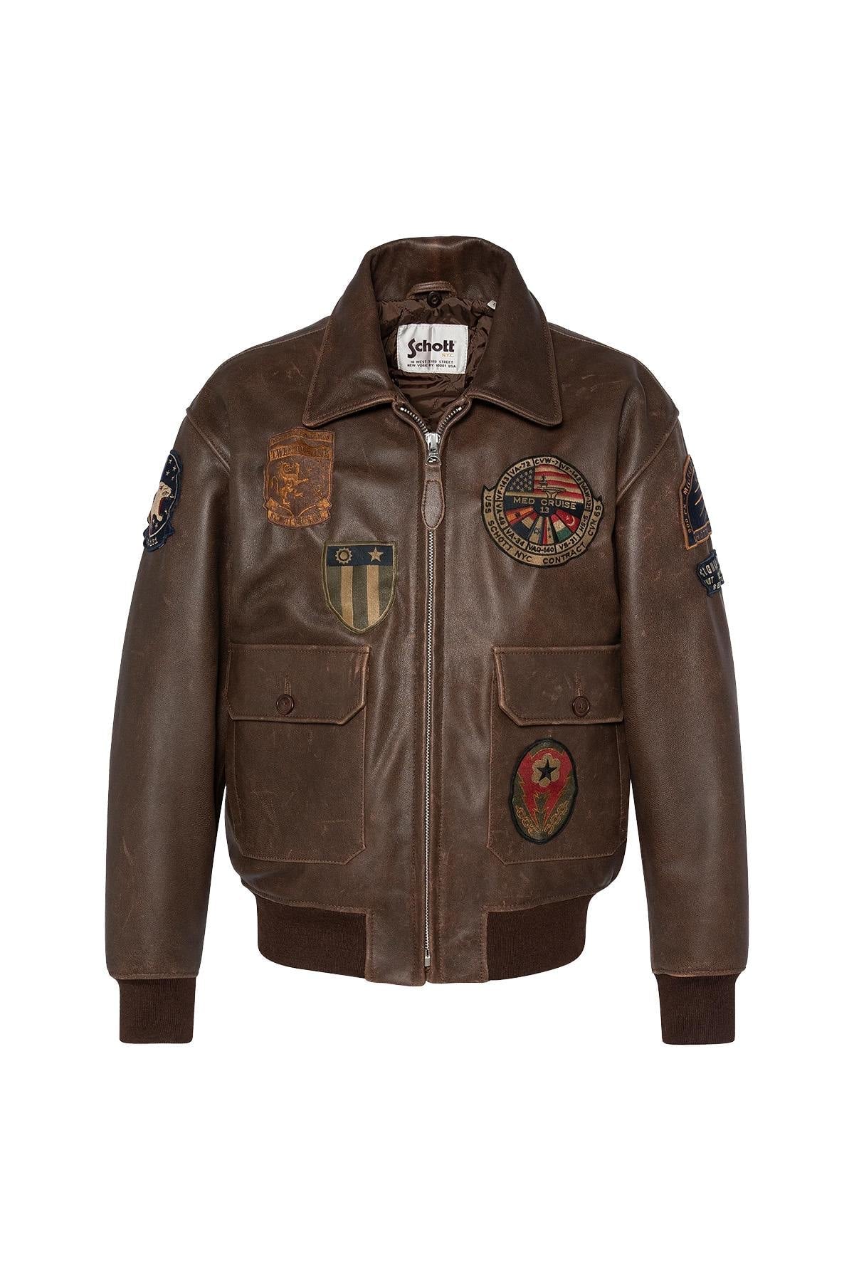 Brown leather bomber jacket with vintage badges - Image n°6