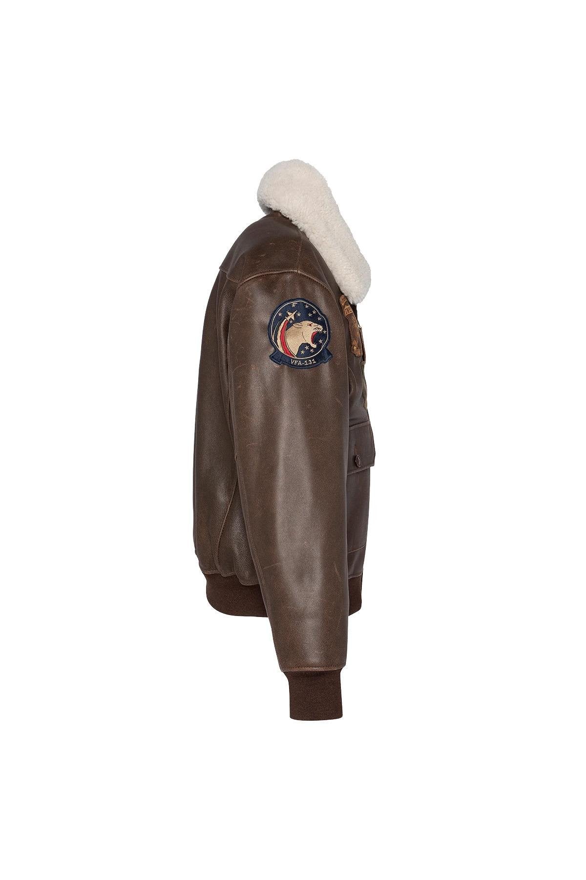 Brown leather bomber jacket with vintage badges - Image n°8