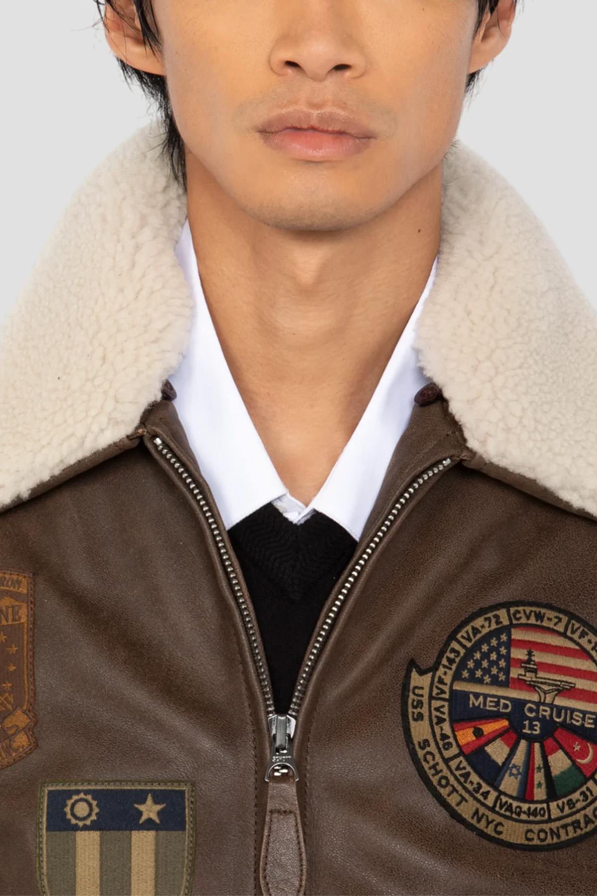 Brown leather bomber jacket with vintage badges - Image n°5