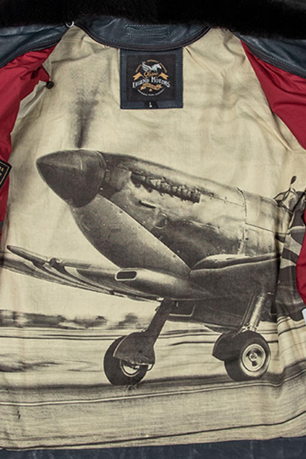 Navy blue aviator style leather jacket with shirt collar - Image n°10