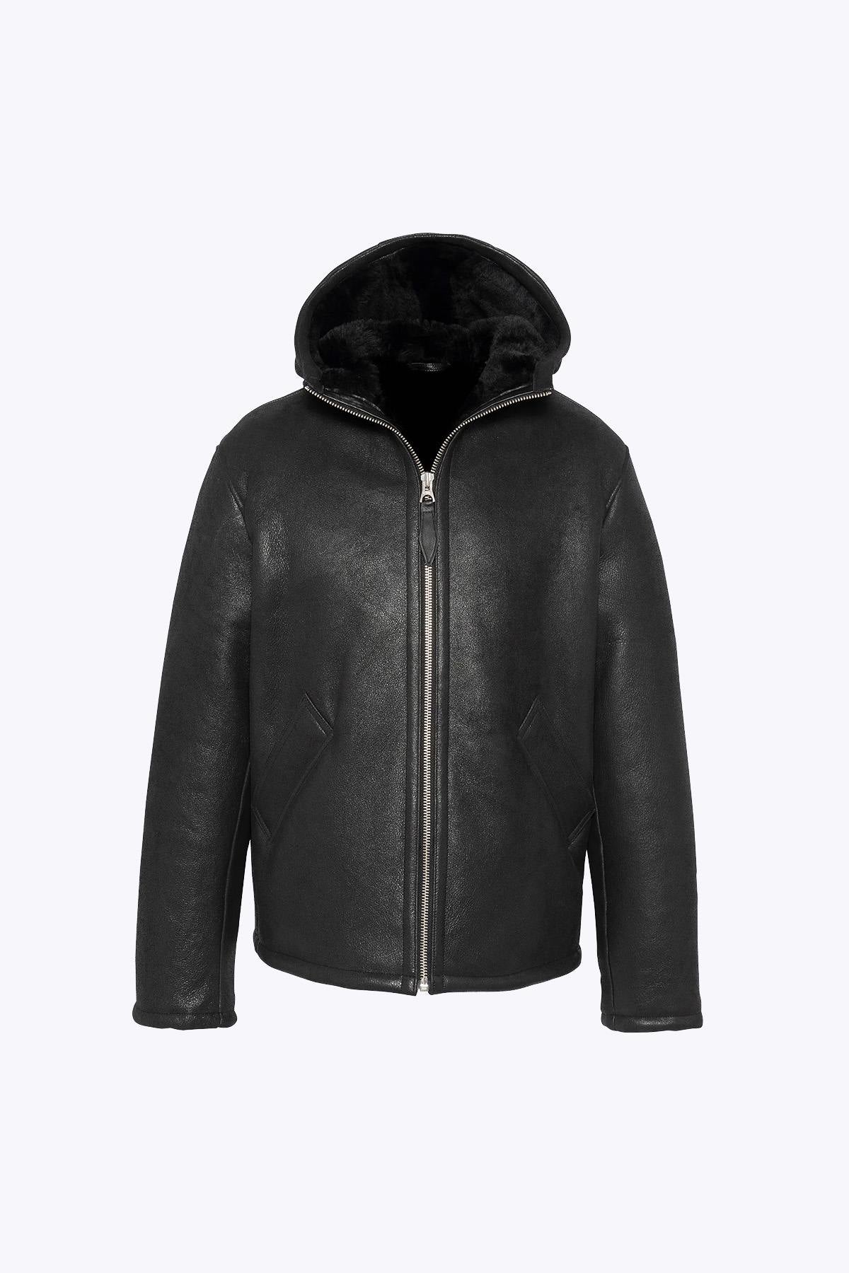 Warm reversed sheepskin bomber by Schott in matte black with a hood. - Image n°5