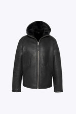 Warm reversed sheepskin bomber by Schott in matte black with a hood. - Image n°5