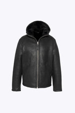 Warm reversed sheepskin bomber by Schott in matte black with a hood. - Image n°5
